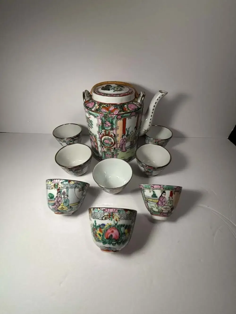 Vintage Chinese Rose Medallion Porcelain Teapot and Teacups Set with Figures